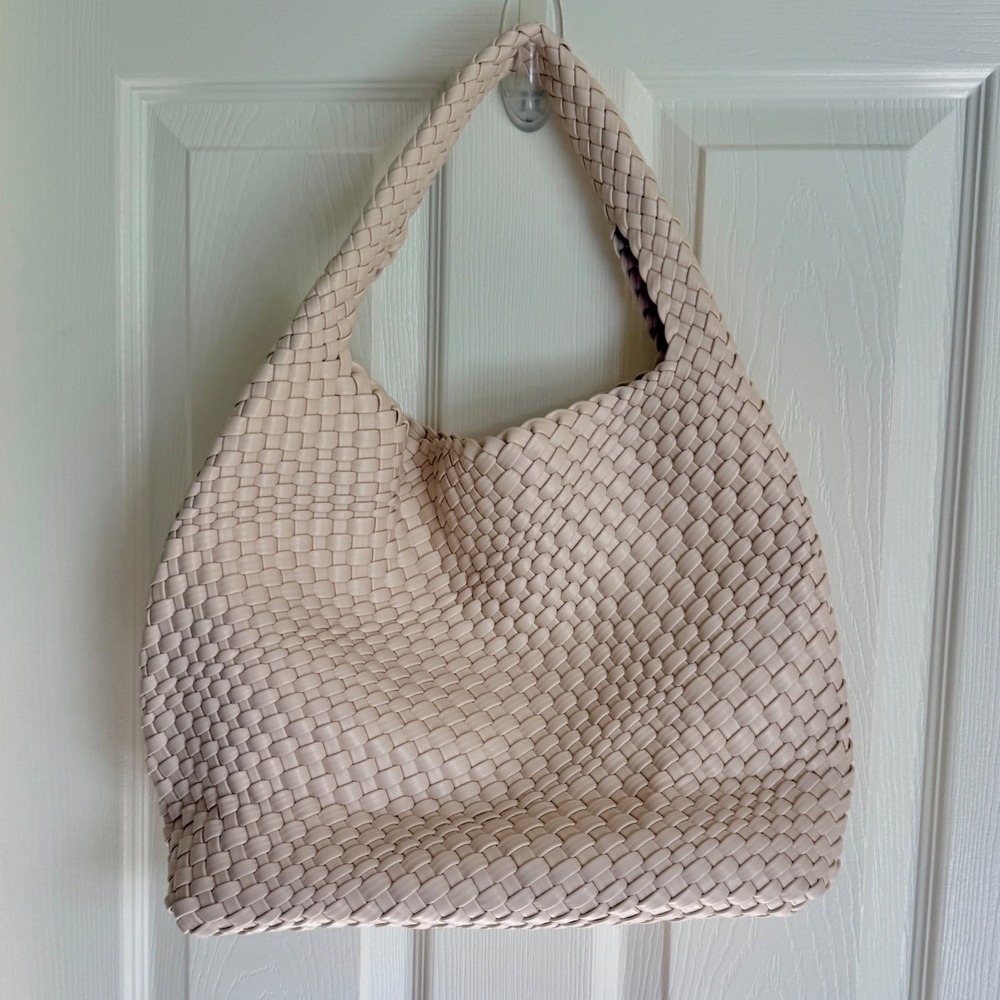 Petite Simone Woven Hobo Bag Tan Vegan Leather Tote with Pouch Hand-Woven